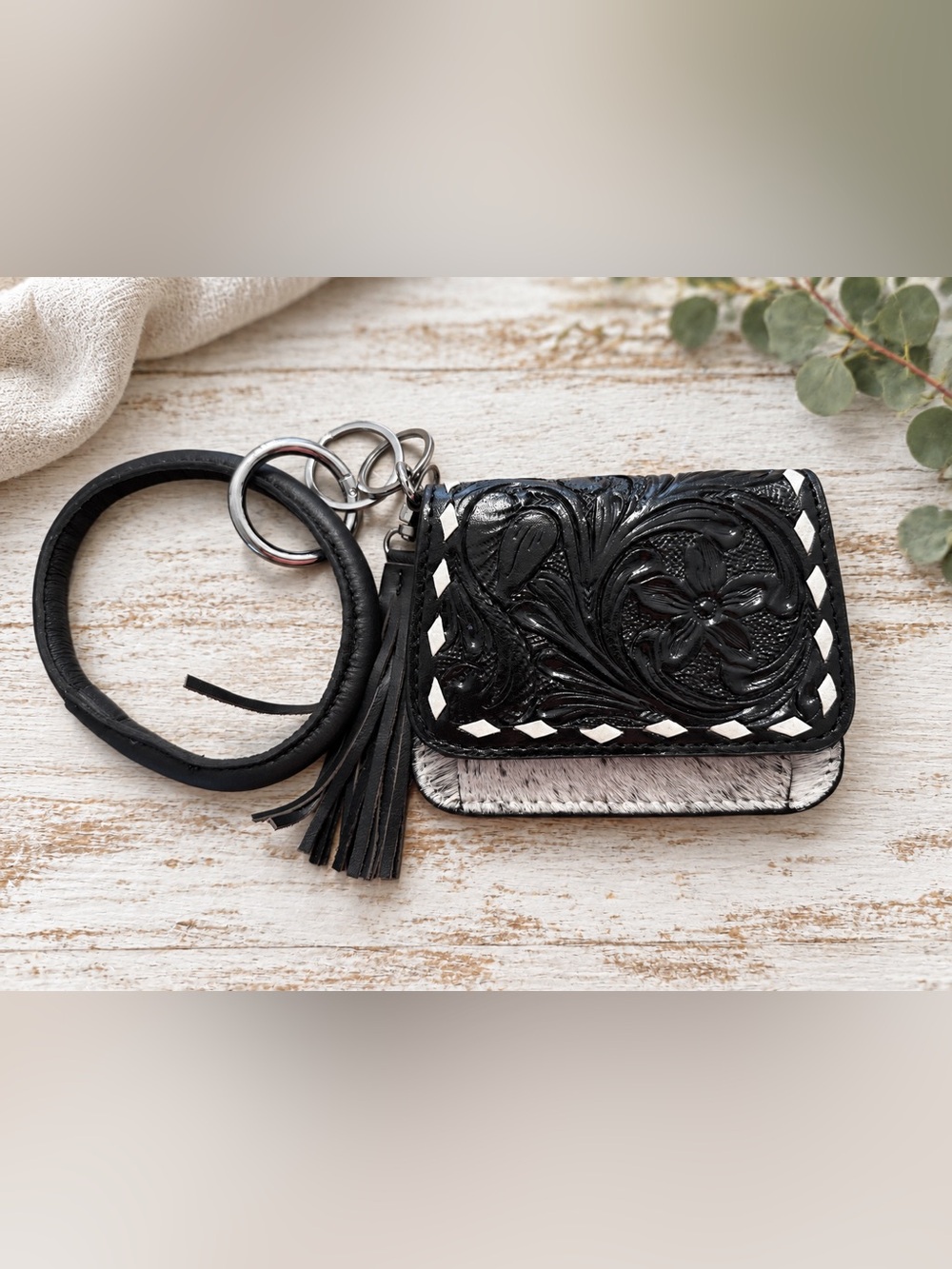 Black Tooled Leather Wristlet Keychain with Tassel
